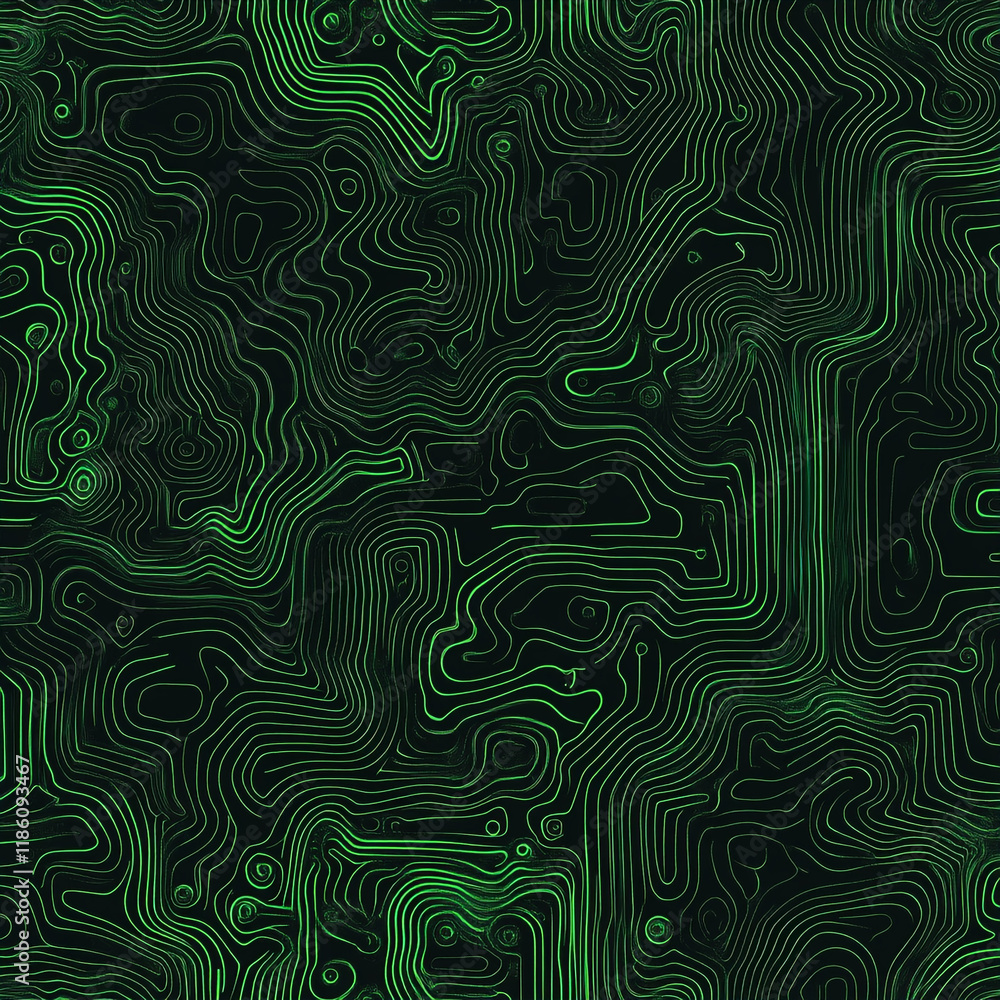 Poster abstract green contour lines create an intricate pattern on a dark background