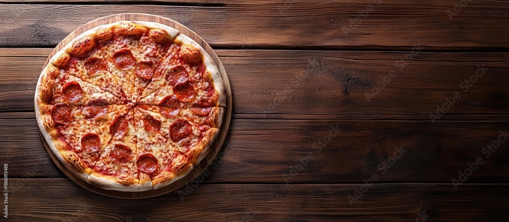 Aufkleber Tasty Italian pizza presented on a wooden table top view. with copy space image. Place for adding text or design