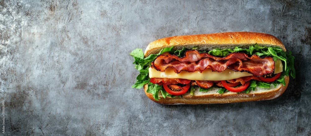 Aufkleber fresh baguette sandwich in bahn mi style bacon roasted cheese tomatoes and lettuce on a metallic bac
