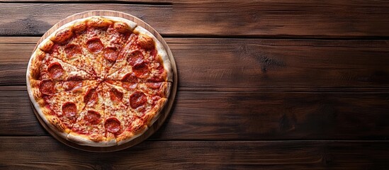 Tasty Italian pizza presented on a wooden table top view. with copy space image. Place for adding text or design