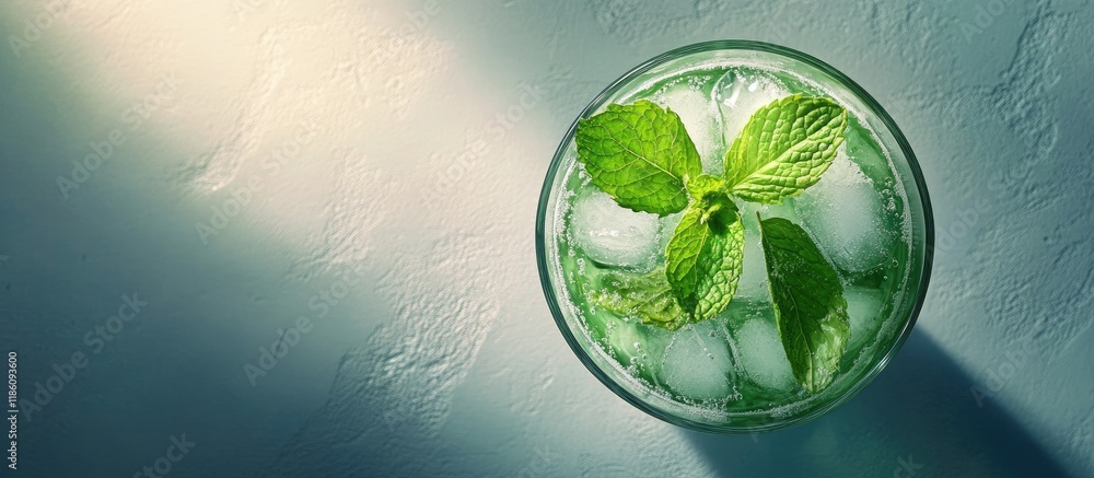 Fototapete top view of a refreshing cold mojito cocktail with mint and ice cubes in a glass. with copy space im