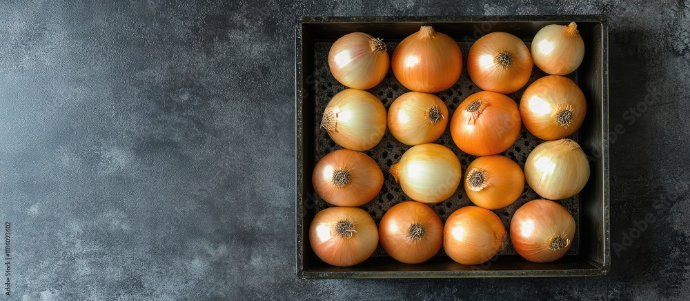 Poster yellow onions placed in an iron tray on a geometric dark background top view the apartment was vacan