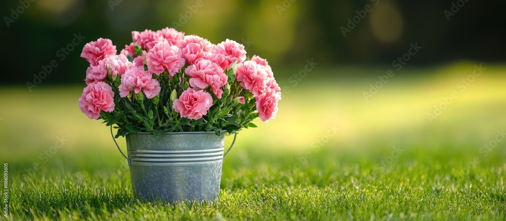 Leinwandbilder blooming pink carnation flowers in a tin bucket placed on the grass. with copy space image. place fo