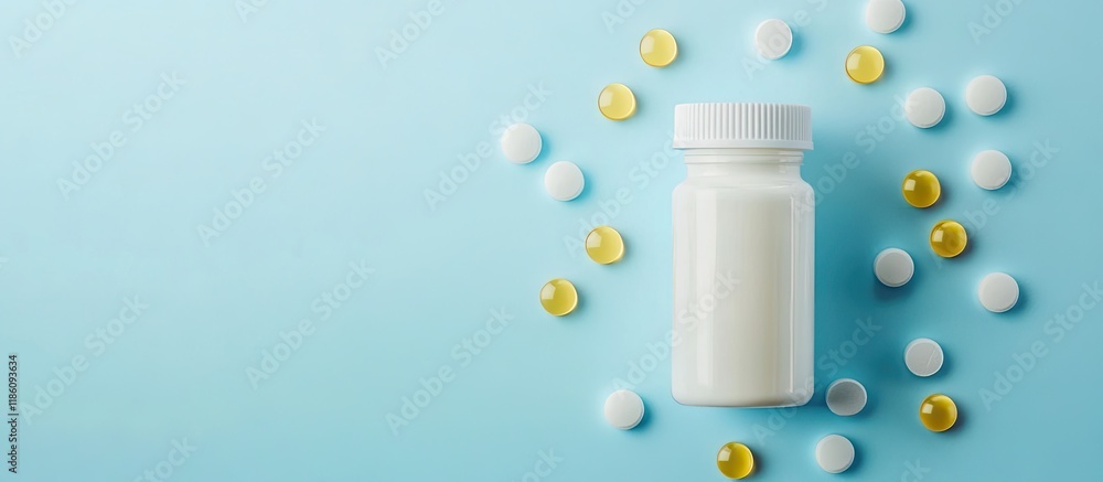 Poster Bottles and vitamin capsules on a light blue backdrop top view Room for text. with copy space image. Place for adding text or design