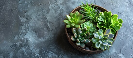 Succulents arranged in an antique metal bowl on a concrete surface Copy space for text
