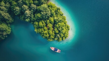 A fishing boat anchored near a small island, with lush greenery and crystal-clear water.