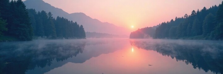 Obraz premium Softly glowing dawn light dances across misty lake surface, serene, water