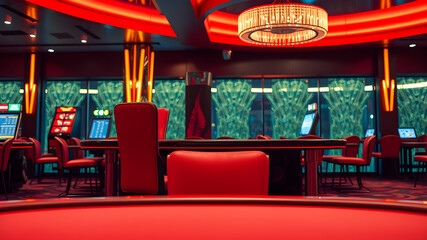 Naklejka premium Indoor photo of red casino table with red chair in casino. Generative AI