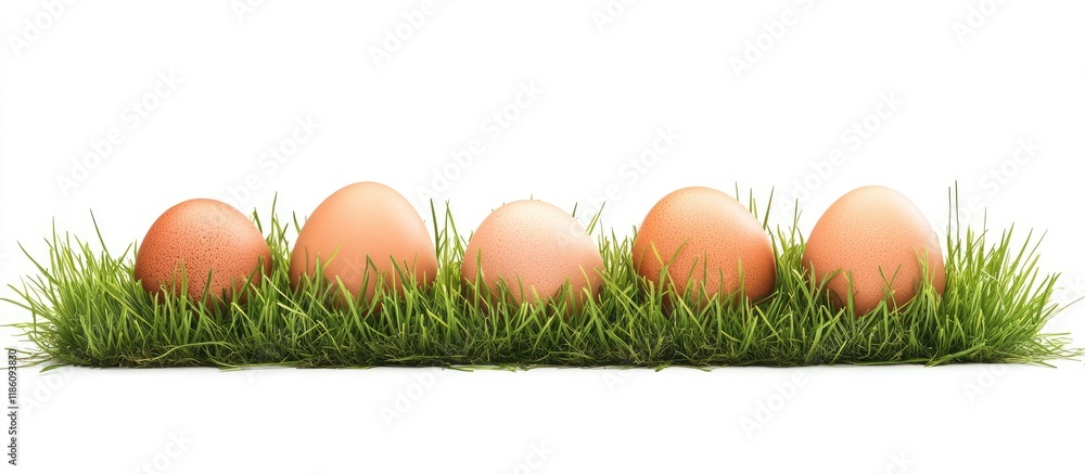 Poster fresh eggs on grass set against a white background. with copy space image. place for adding text or 