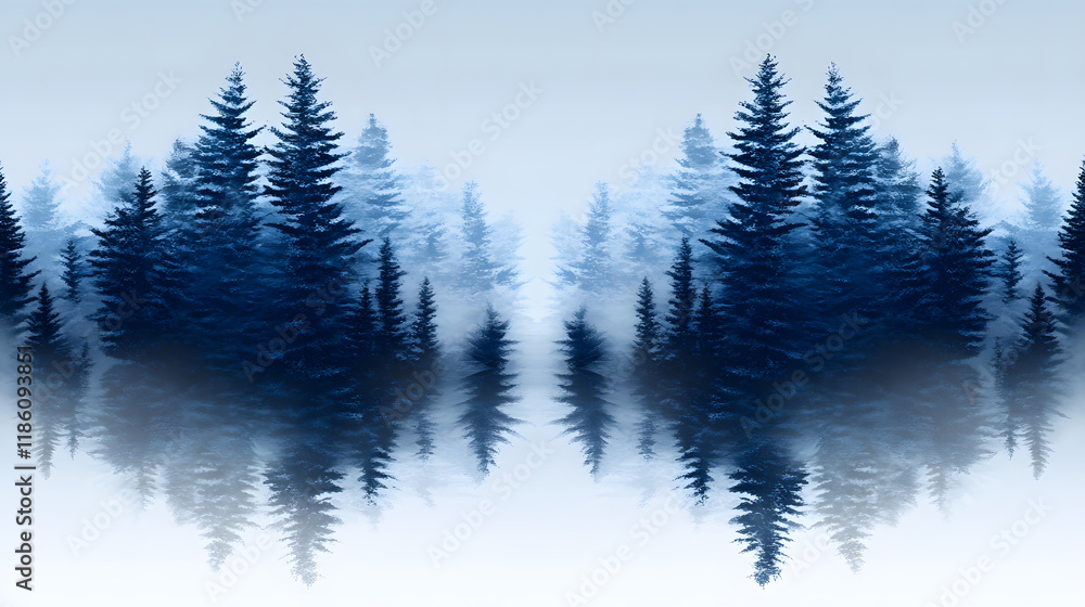 Poster A serene landscape featuring dark blue trees reflecting softly on a misty surface, creating a tranquil and ethereal atmosphere