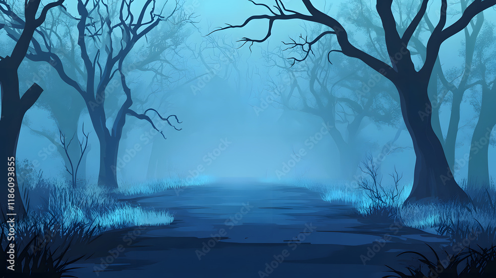 Poster A misty forest scene with dark, twisted trees and a path, creating an eerie and mysterious atmosphere