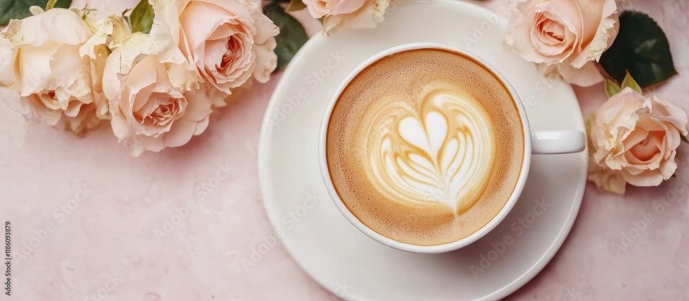 Aufkleber A cup of coffee featuring latte art and roses Top view or flatlay. with copy space image. Place for adding text or design