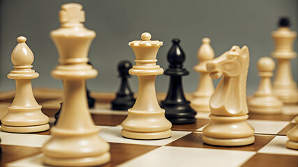 Retro chess pieces on a classic chessboard during a strategic game