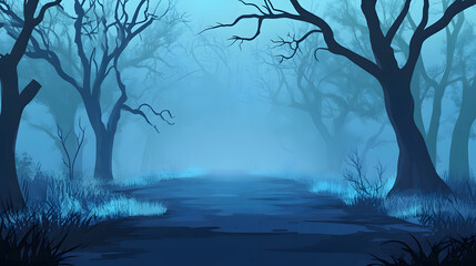 A misty forest scene with dark, twisted trees and a path, creating an eerie and mysterious atmosphere
