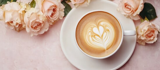 A cup of coffee featuring latte art and roses Top view or flatlay. with copy space image. Place for adding text or design