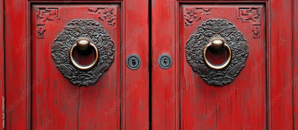 Poster closeup of an oriental style vintage door handle on the patterned frames of red double door panels o