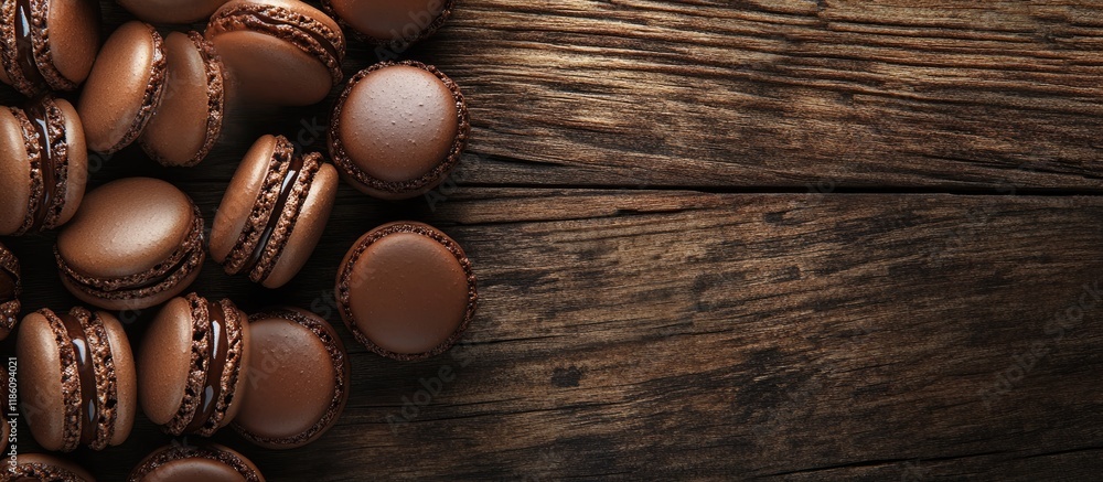 Poster Chocolate macaroons Viewed from above Set on a wooden surface Copy space