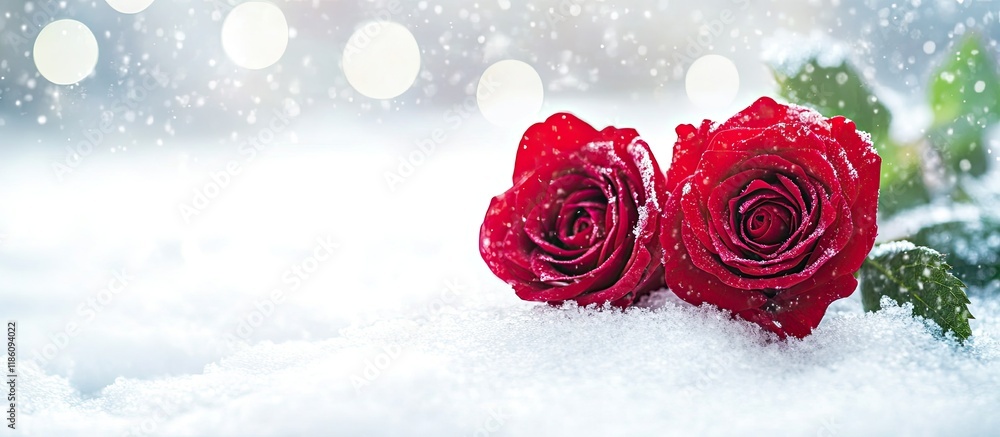 Poster Red roses and a heart in the snow on a white backdrop St Valentine greeting card Space for text. with copy space image. Place for adding text or design