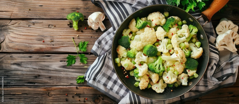 Poster fresh broccoli and cauliflower in a frying pan on a wooden table with copyspace healthy food top vie