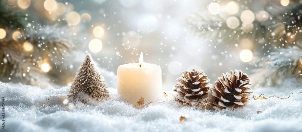 Leinwandbilder frosty winter christmas still life adorned with snow and bright sparkling bokeh. with copy space ima