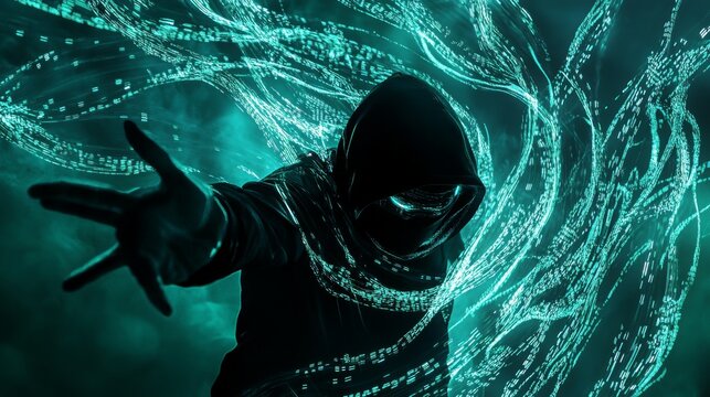 Digital security guardian in modern black hood photographed from below, arm extended with decisive stop gesture, framed by flowing streams of luminescent code in cyan and green. Dramatic shadows