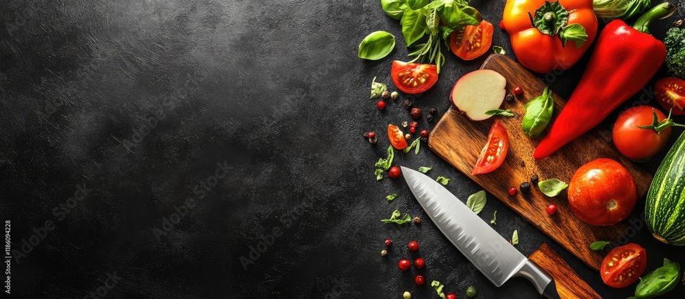 Aufkleber food background featuring italian spring and summer vegetables and fruits top view with a cutting bo