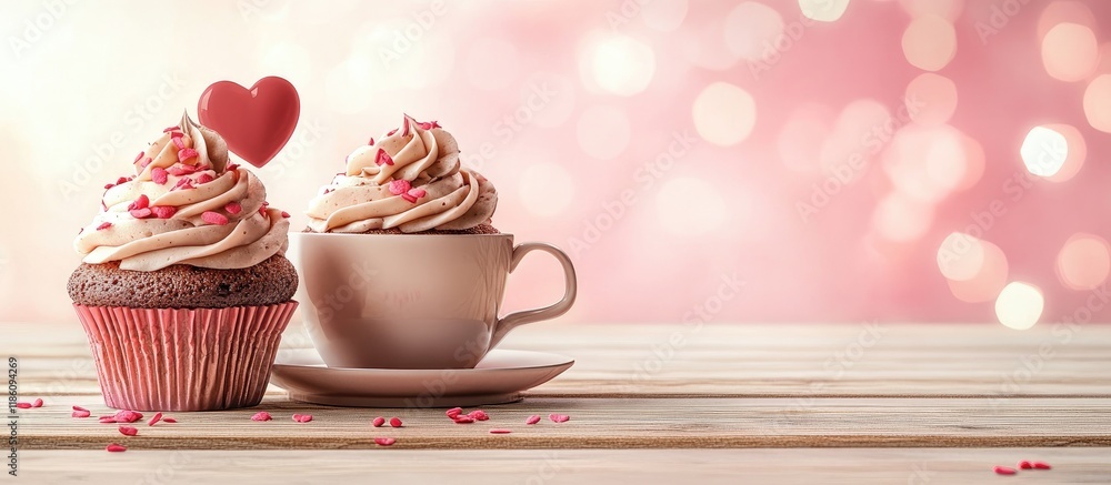 Aufkleber valentine s day greeting card featuring tasty sweet cupcakes and a coffee cup includes space for you