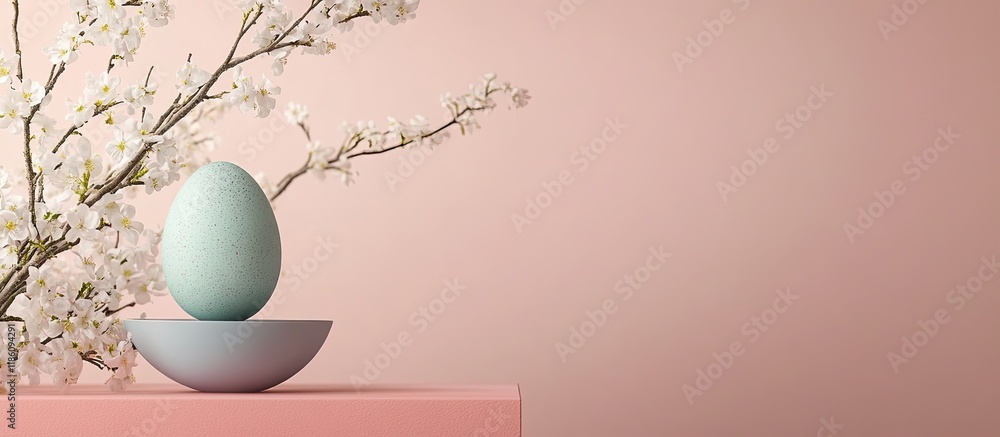 Aufkleber closeup of a colorful painted easter egg in a bright modern egg stand surrounded by white flowering 