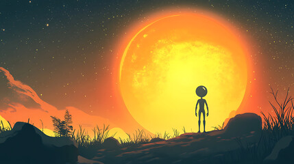 Fototapeta premium A silhouetted figure stands before a large sun in a serene, otherworldly landscape.