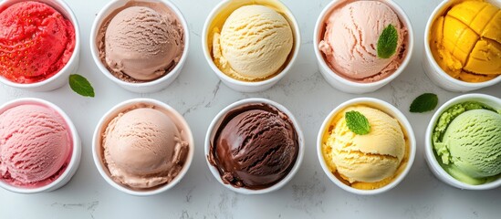 A variety of homemade ice cream flavors in white cups on a light gray background a healthy summer treat Strawberry pistachio chocolate and mango ice cream balls Flat lay copy space close up