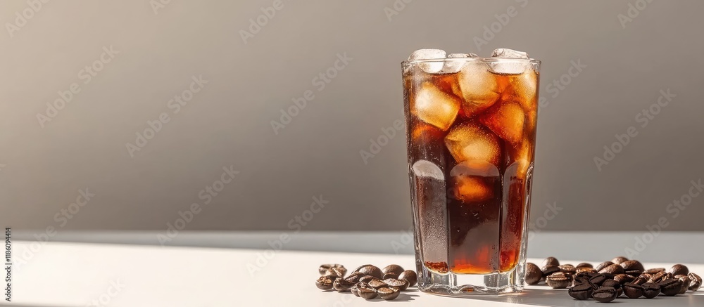 Poster Iced coffee in a glass on a white table. with copy space image. Place for adding text or design
