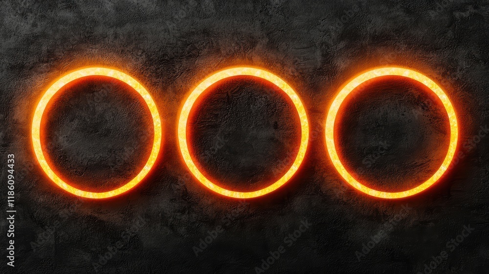Poster glowing orange neon circles on dark concrete background - three empty frames for text or images