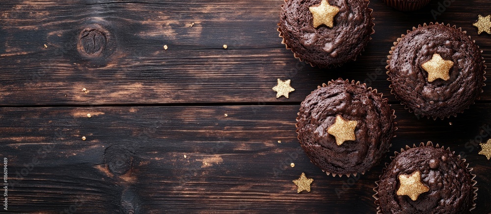 Aufkleber festive homemade cakes round chocolate muffin big muffin or cake with chocolate icing on a dark wood