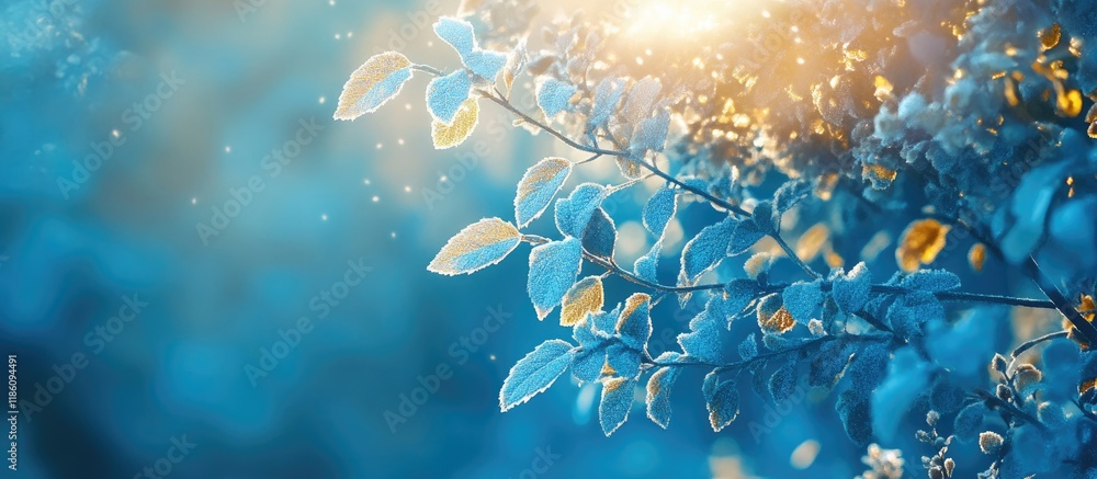 Poster blue tree sunlight season leaf. with copy space image. place for adding text or design