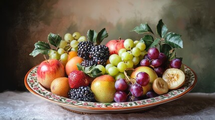 Still Life of Assorted Fresh Fruits in a Decorative Bowl