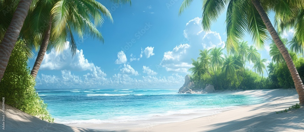 Aufkleber Coconut trees and palms along a stunning beach with turquoise waters. with copy space image. Place for adding text or design