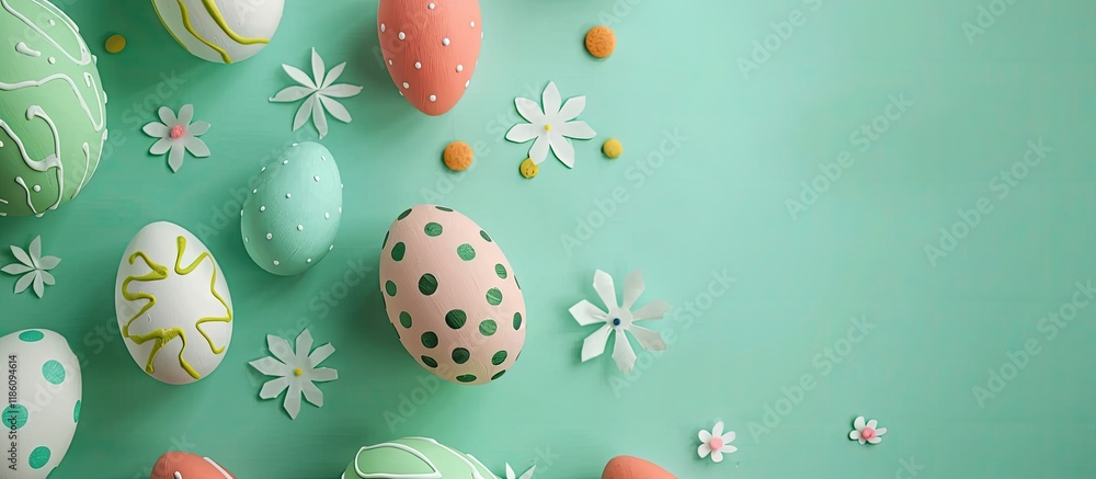 Fototapete Easter idea on a green background with a top view mockup. with copy space image. Place for adding text or design