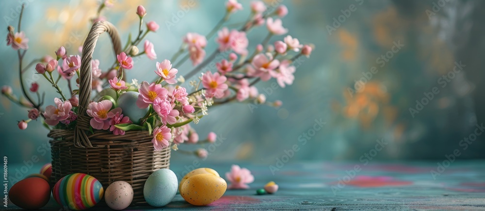 Poster basket of blooms and a basket filled with easter eggs. with copy space image. place for adding text 