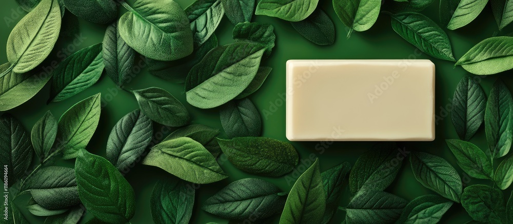 Poster Organic soap block with fresh herbal foliage. with copy space image. Place for adding text or design