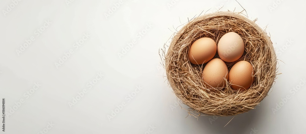 Poster eggs in a circular container with hay on a white background concept of easter composition spring hol