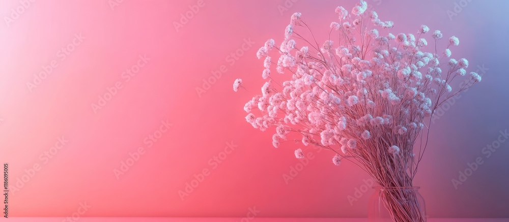 Poster minimalistic arrangement of dried flowers white flowers with pink neon lights against a wall backgro