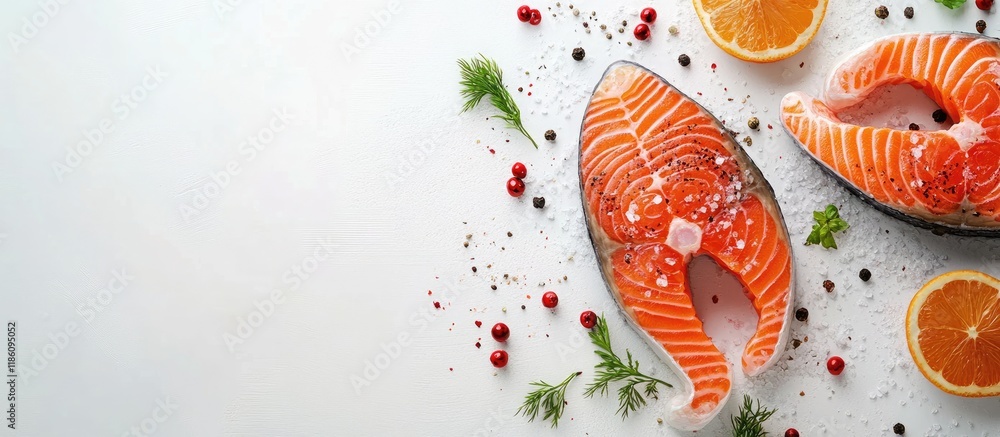 Poster a collection of fresh ready to cook raw salmon steaks red fish sliced into portions with salt and sp