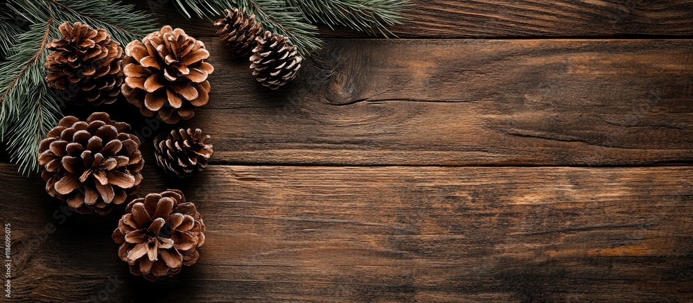Poster pine cones and a branch on a rustic wooden background copy space