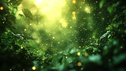 Magical forest scene with glowing particles and sunlight.