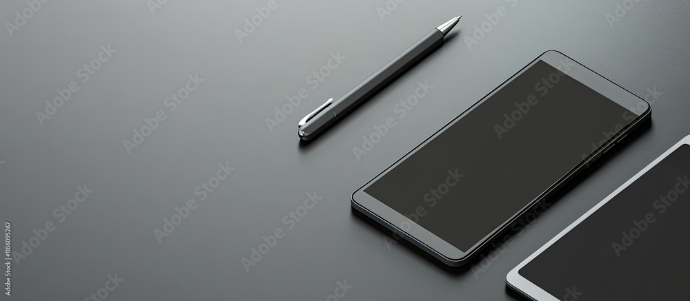 Poster High angle view of a smartphone and a tablet displaying a black blank space on their screens accompanied by a digital pen on a stylish gray surface. with copy space image