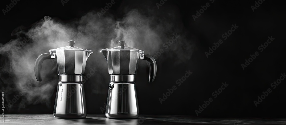 Poster Steam coffee maker on a table Two coffee makers against a black and white background. with copy space image. Place for adding text or design