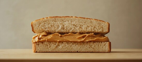 An open faced sandwich with peanut butter on white bread. with copy space image. Place for adding text or design
