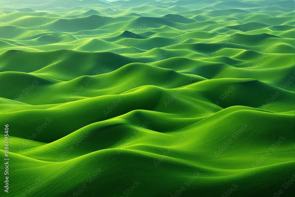 Poster rolling green hills with a smooth texture, vibrant and surreal style, forming a seamless pattern. co