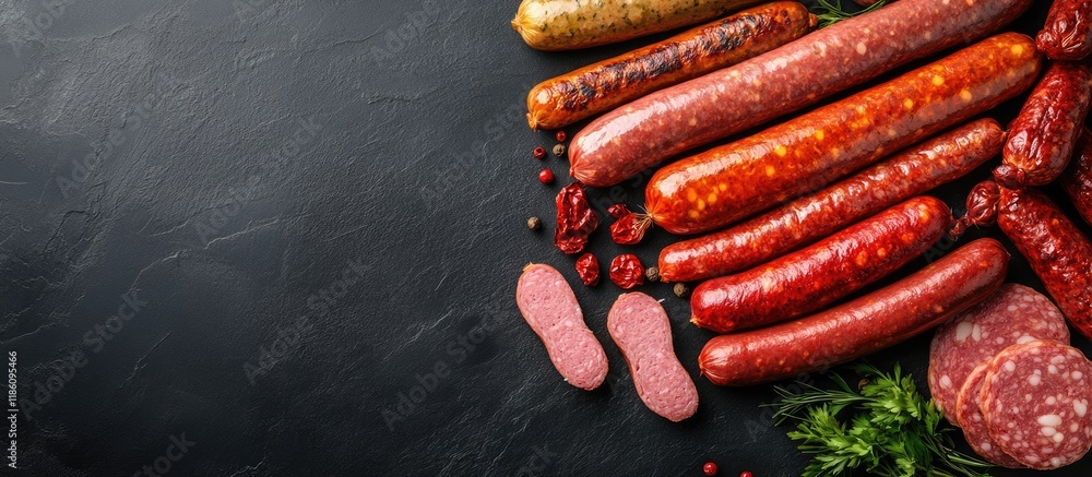 Poster assorted sausages on a dark background meat product consisting of finely chopped and seasoned meat f