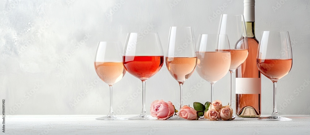 Poster rose wine in various glasses on a light concrete background minimal wine arrangement on a white tabl